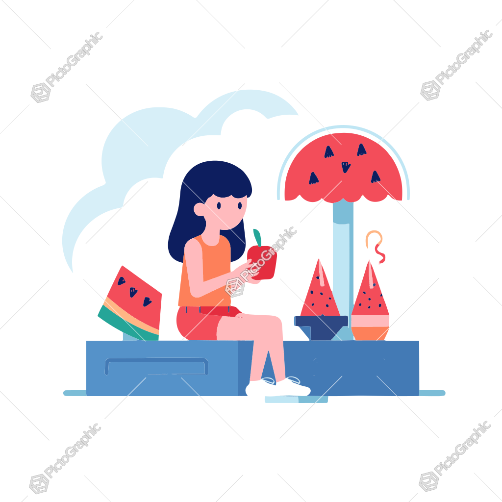 A girl enjoying a refreshing drink next to a watermelon stand on a sunny day.