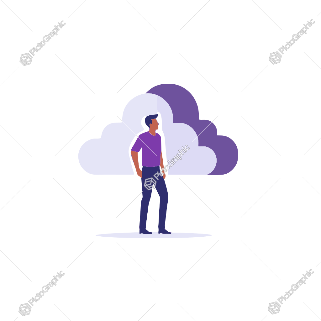 A person and a large cloud in a minimalistic illustration.