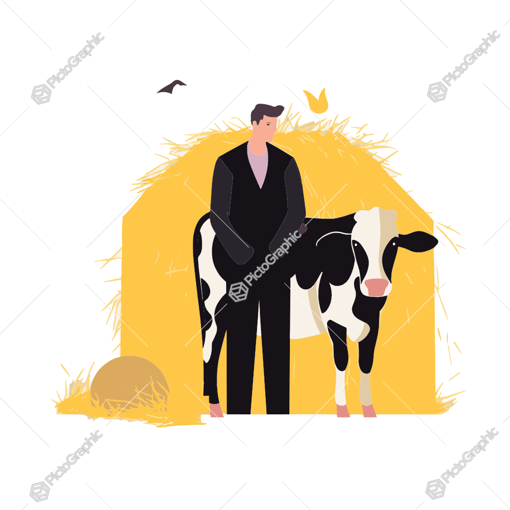 Man and cow in front of a hay bale.