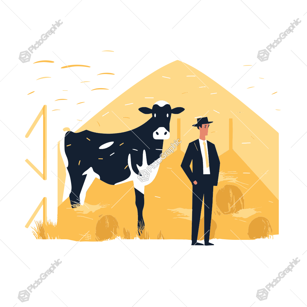A cow and a man in a barn with hay.