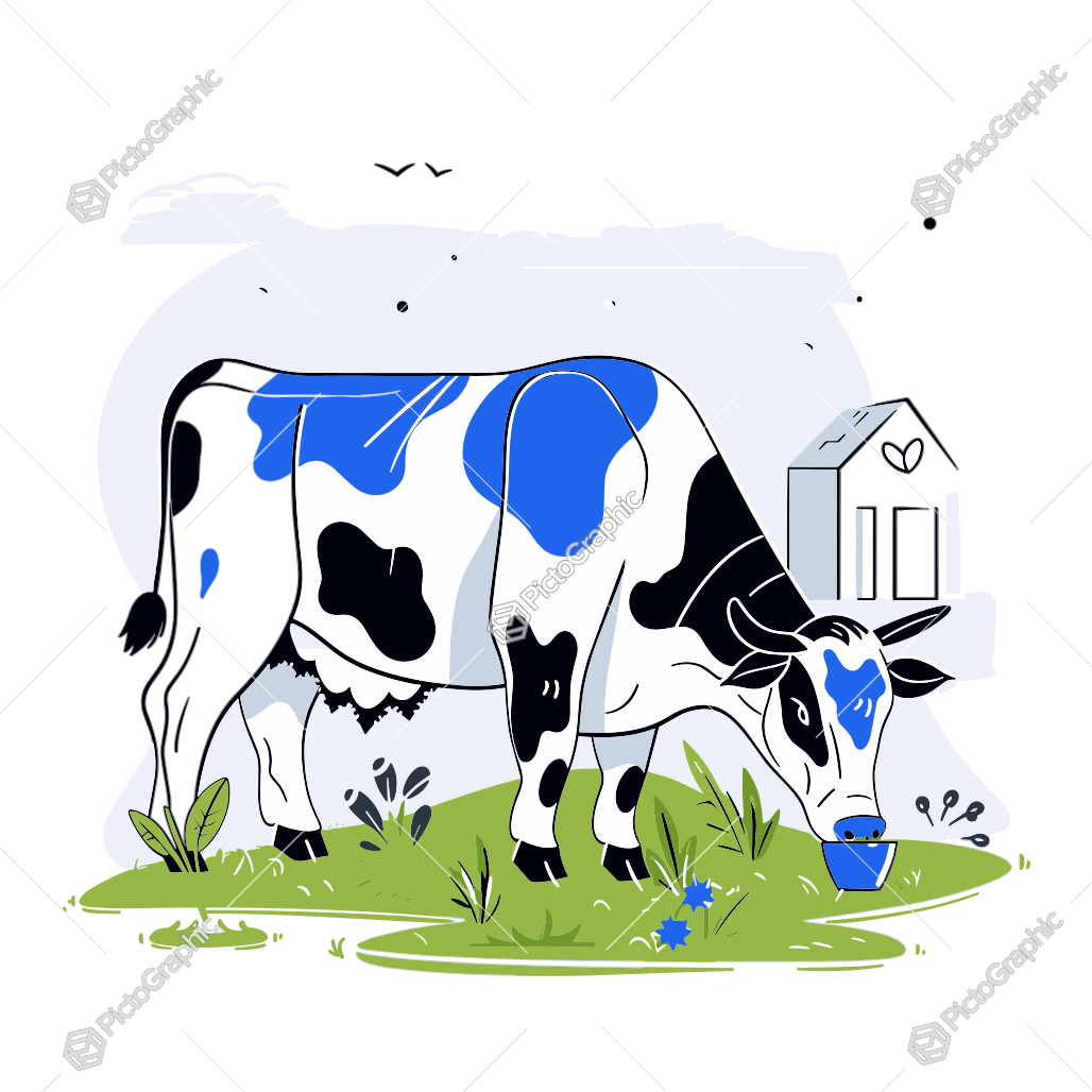 A stylized illustration of a cow on a farm.