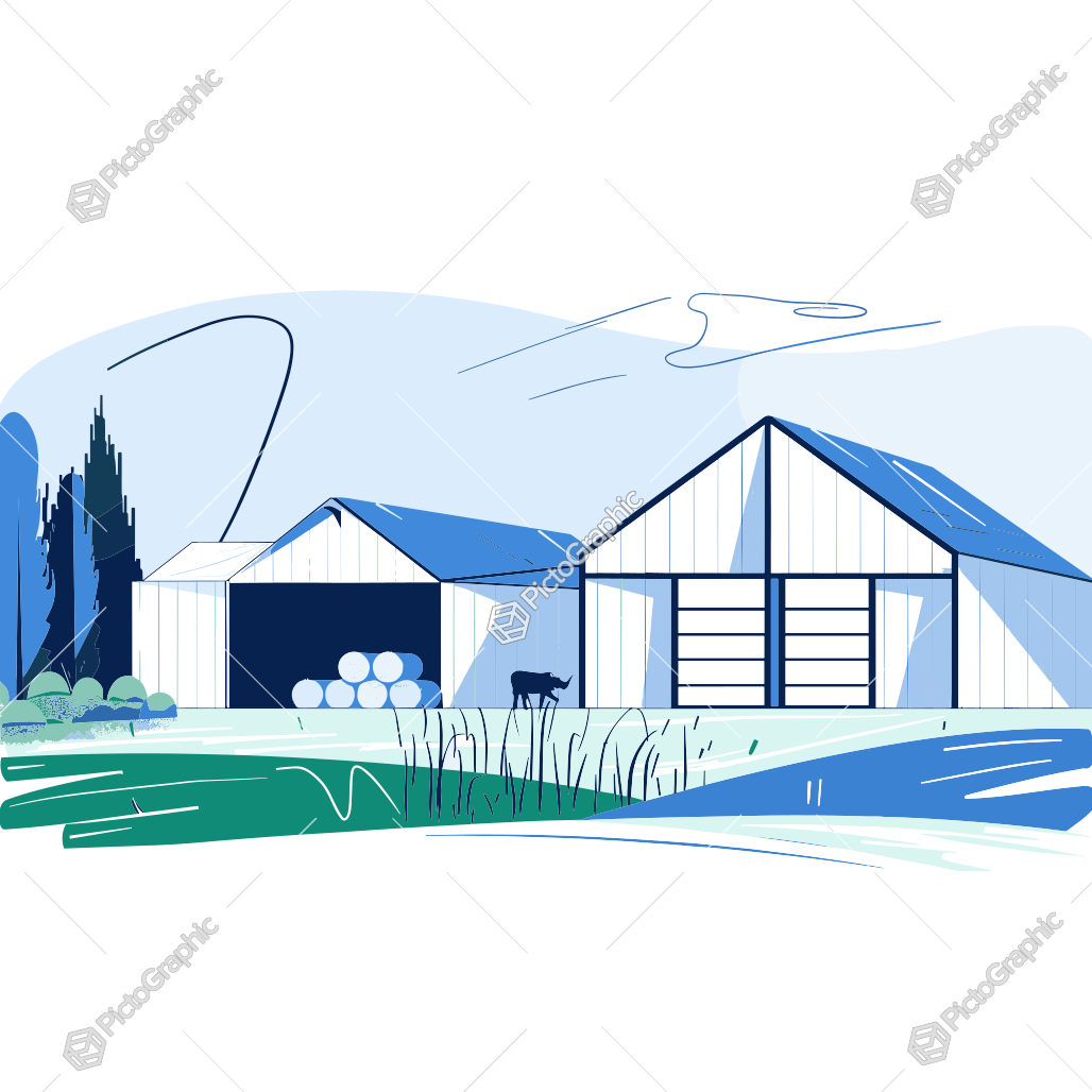 Stylized illustration of a countryside scene with barns, a cow, hay bales, and a body of water.