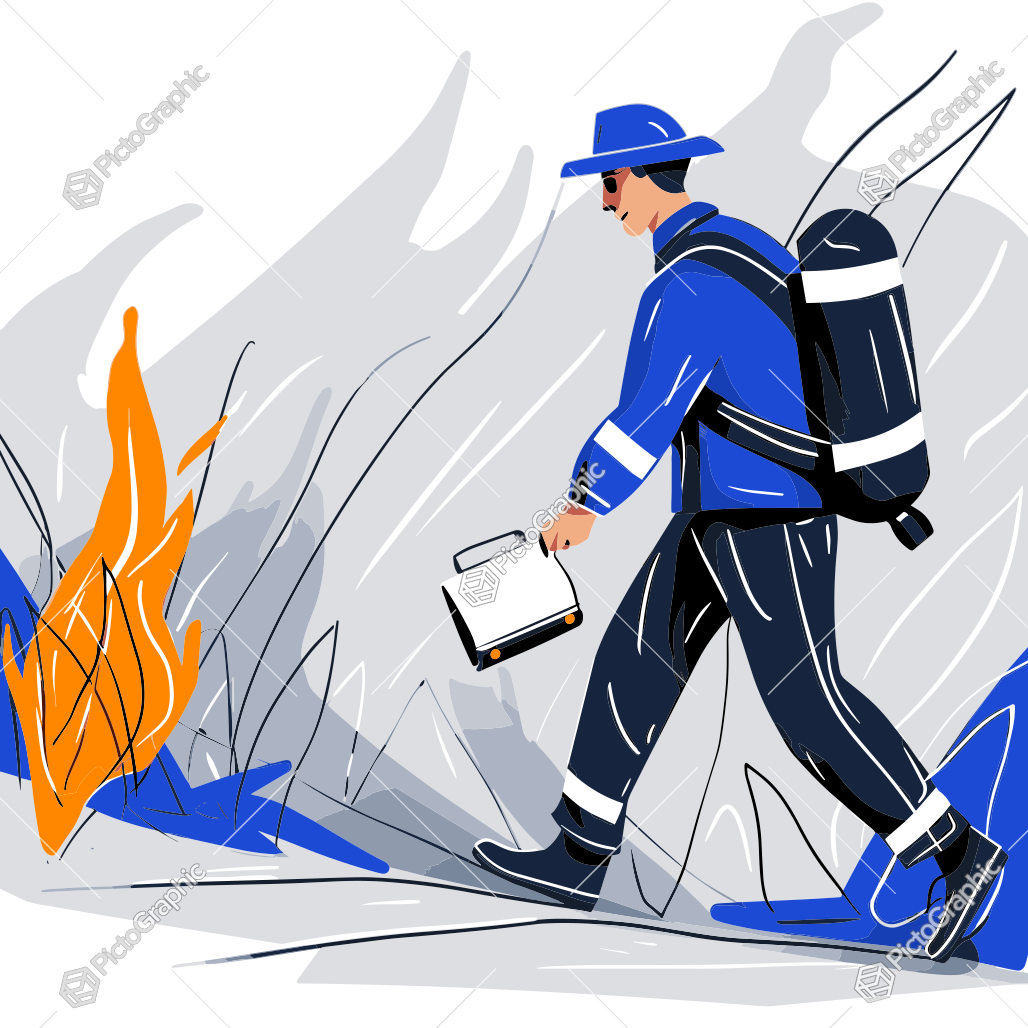 The image is a stylized illustration of a firefighter walking towards a fire with equipment.