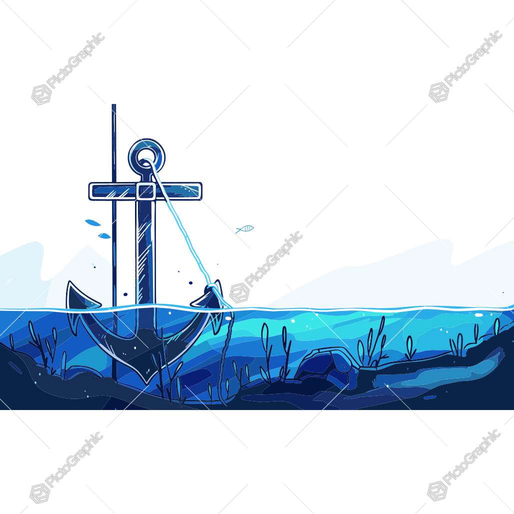 Illustration of an anchor underwater with a small fish nearby.