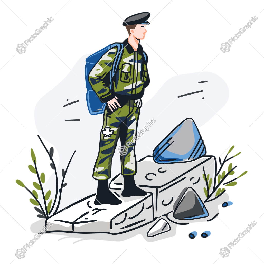 Illustration of a soldier standing on a rock.