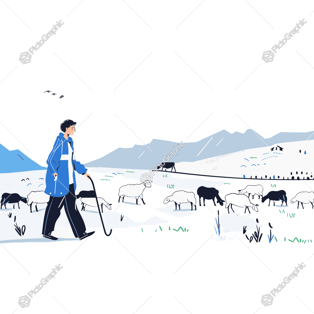 A person shepherding sheep in a mountainous countryside.