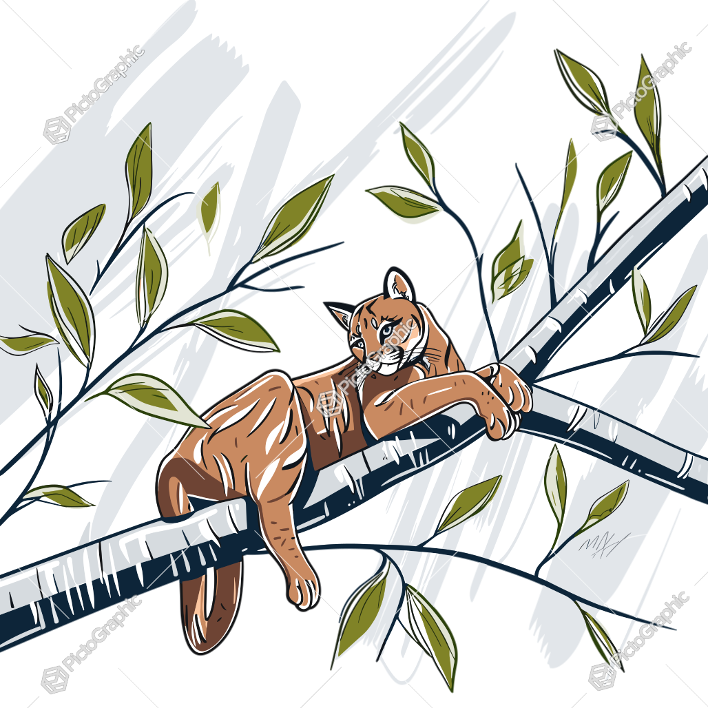 A cartoon tiger lounging on a tree branch.
