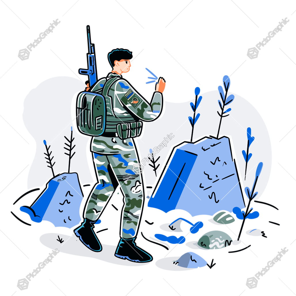 Illustration of a soldier making a silent gesture in a natural environment.