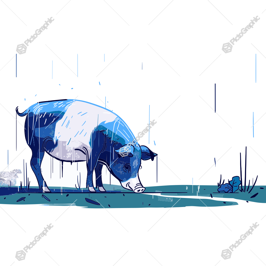 A blue-toned illustration of a cow in the rain.