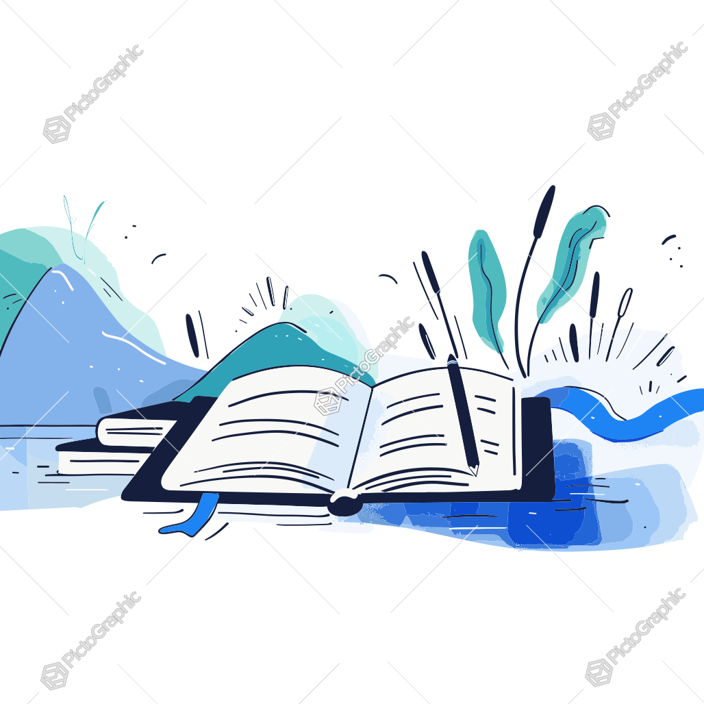 A stylized illustration of an open book with a pen and abstract dynamic background representing creativity or knowledge.