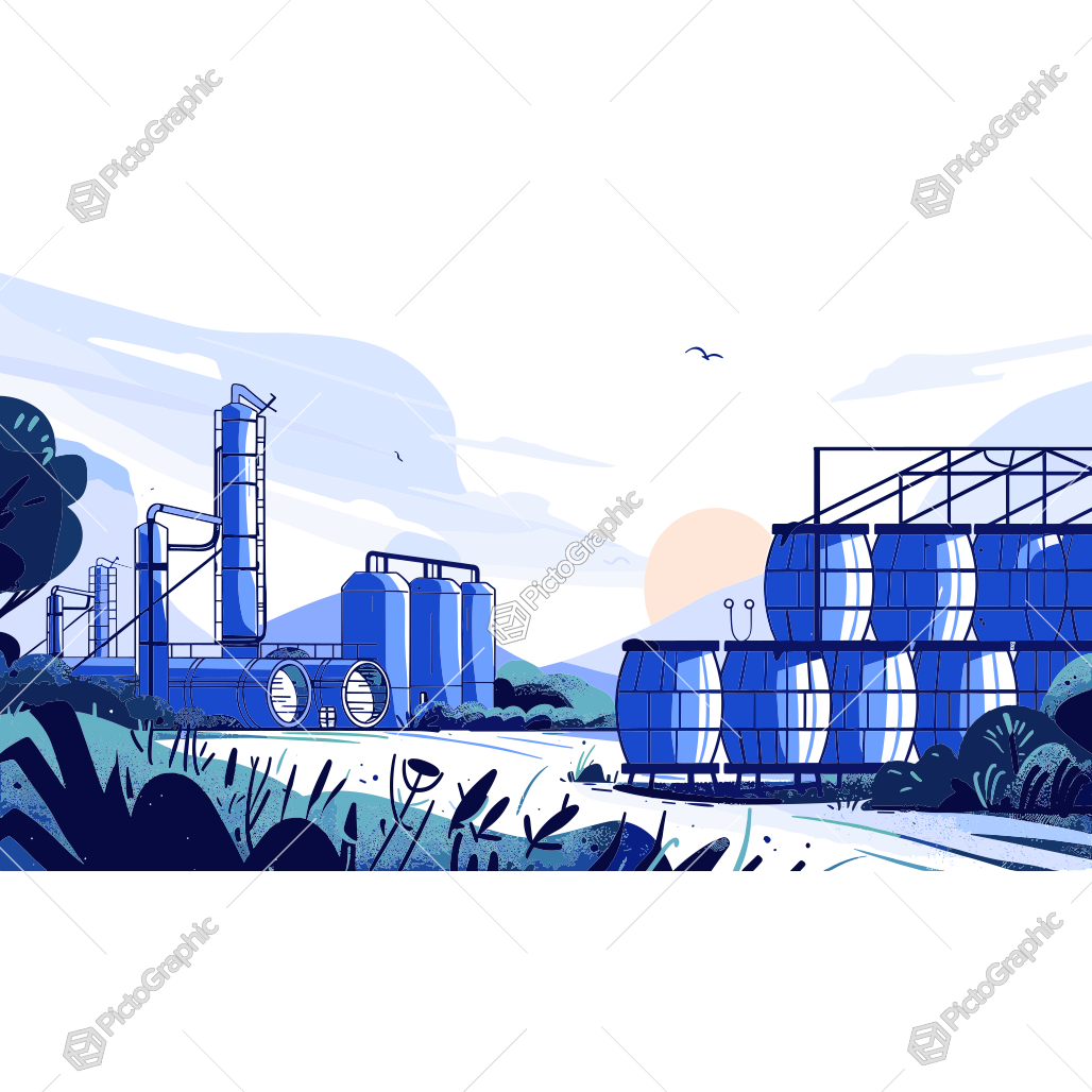 The image is a graphic illustration of an industrial area with storage tanks and a greenhouse, set against a backdrop of nature with a sun, clouds, and birds.