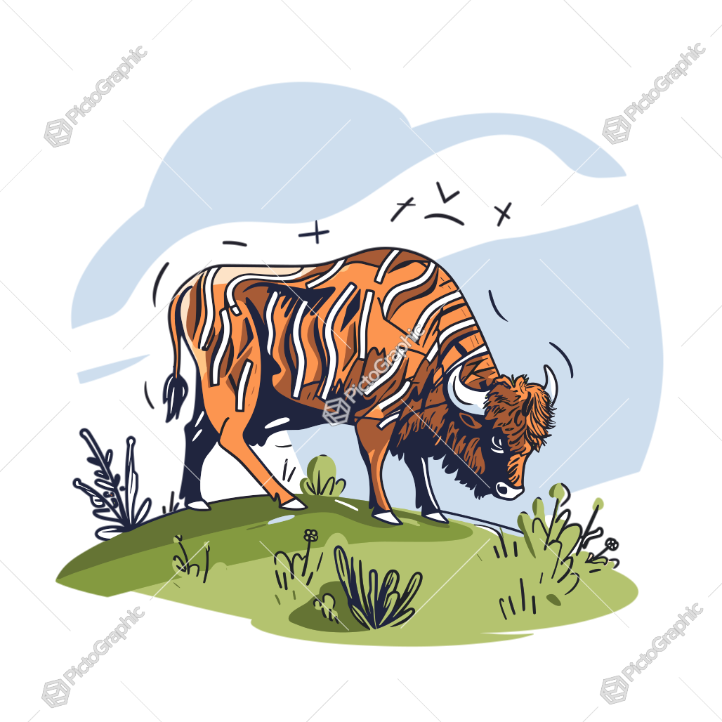 2. An illustration of a fantastical creature with the body of a bison and the coat of a tiger standing on a grassy mound.