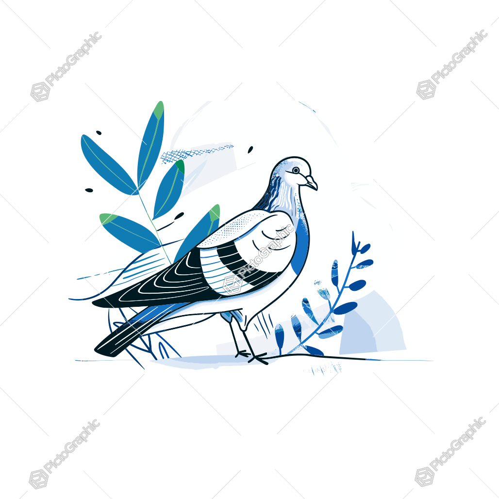 A blue and white illustrated pigeon surrounded by plant motifs.