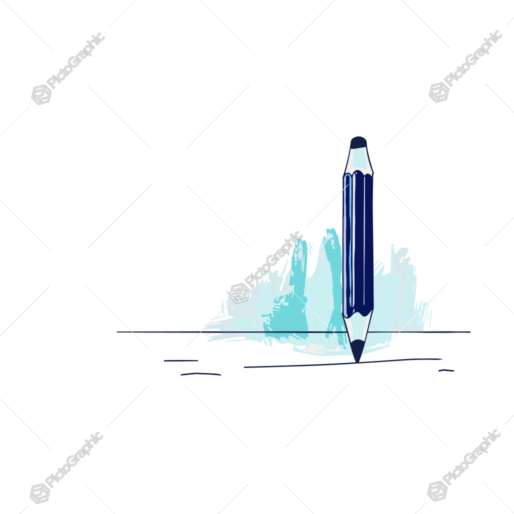 The image is a stylized illustration of a blue pencil on a white background with an abstract blue splash.