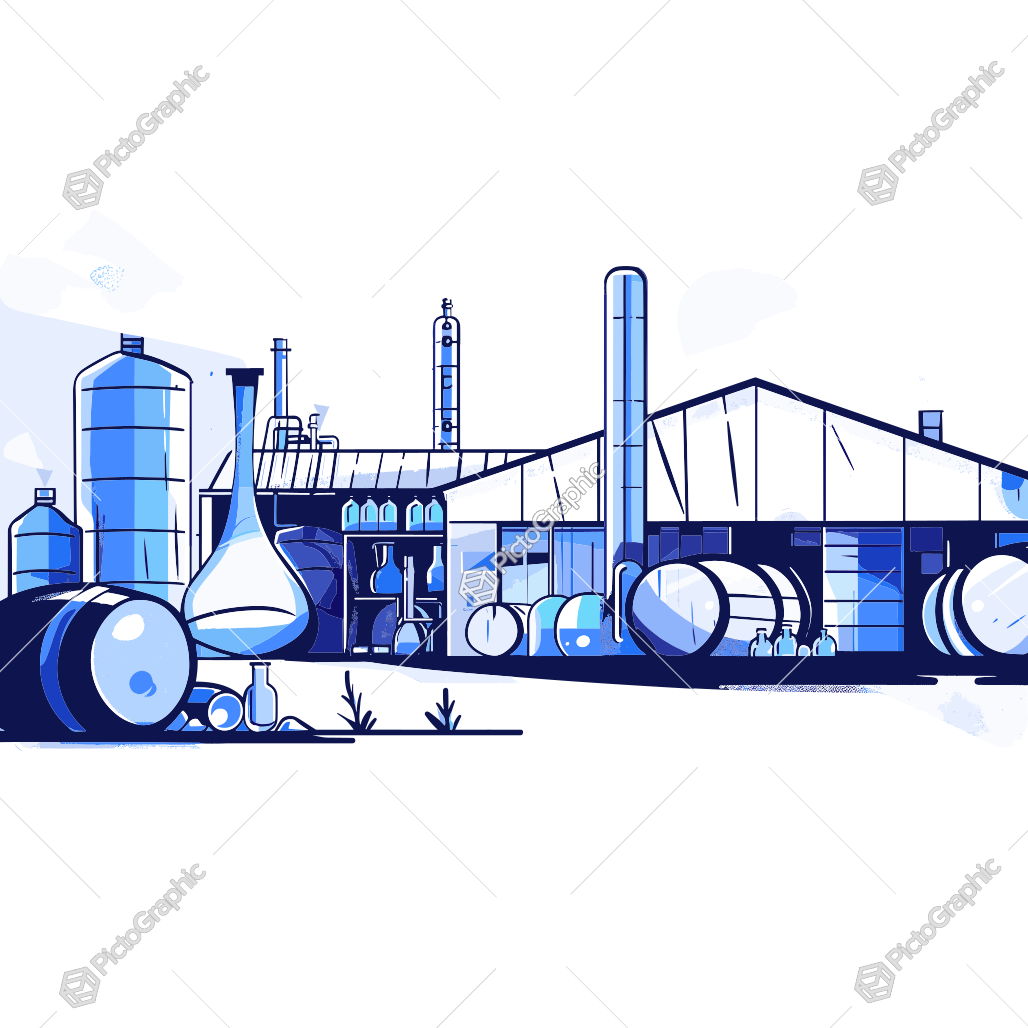 The image is a stylized illustration of an industrial plant with various structures and containers.