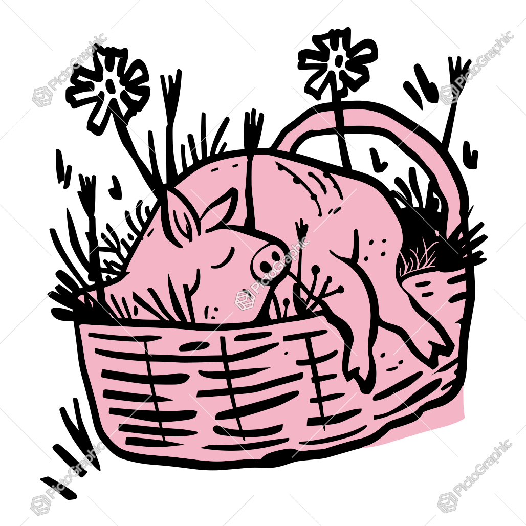 A pink pig in a moving basket with plants.
