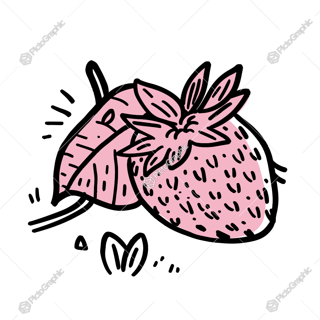 A stylized cartoon illustration of a strawberry with leaves.