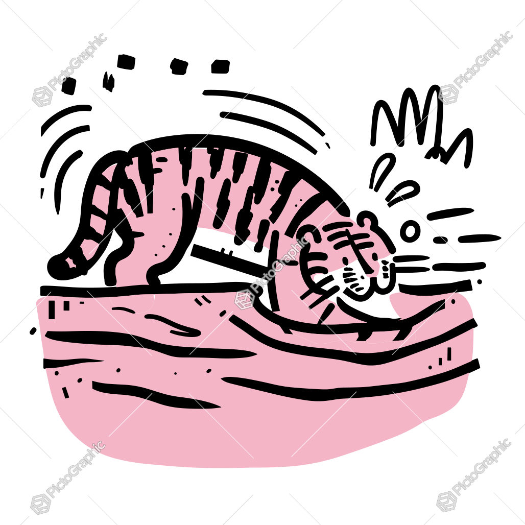 Illustration of a pink tiger stretching on a blue surface.