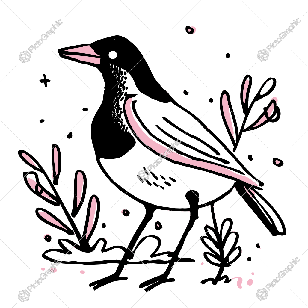 Illustration of a simplified, stylized bird with a pink and black color scheme and abstract plant motifs.