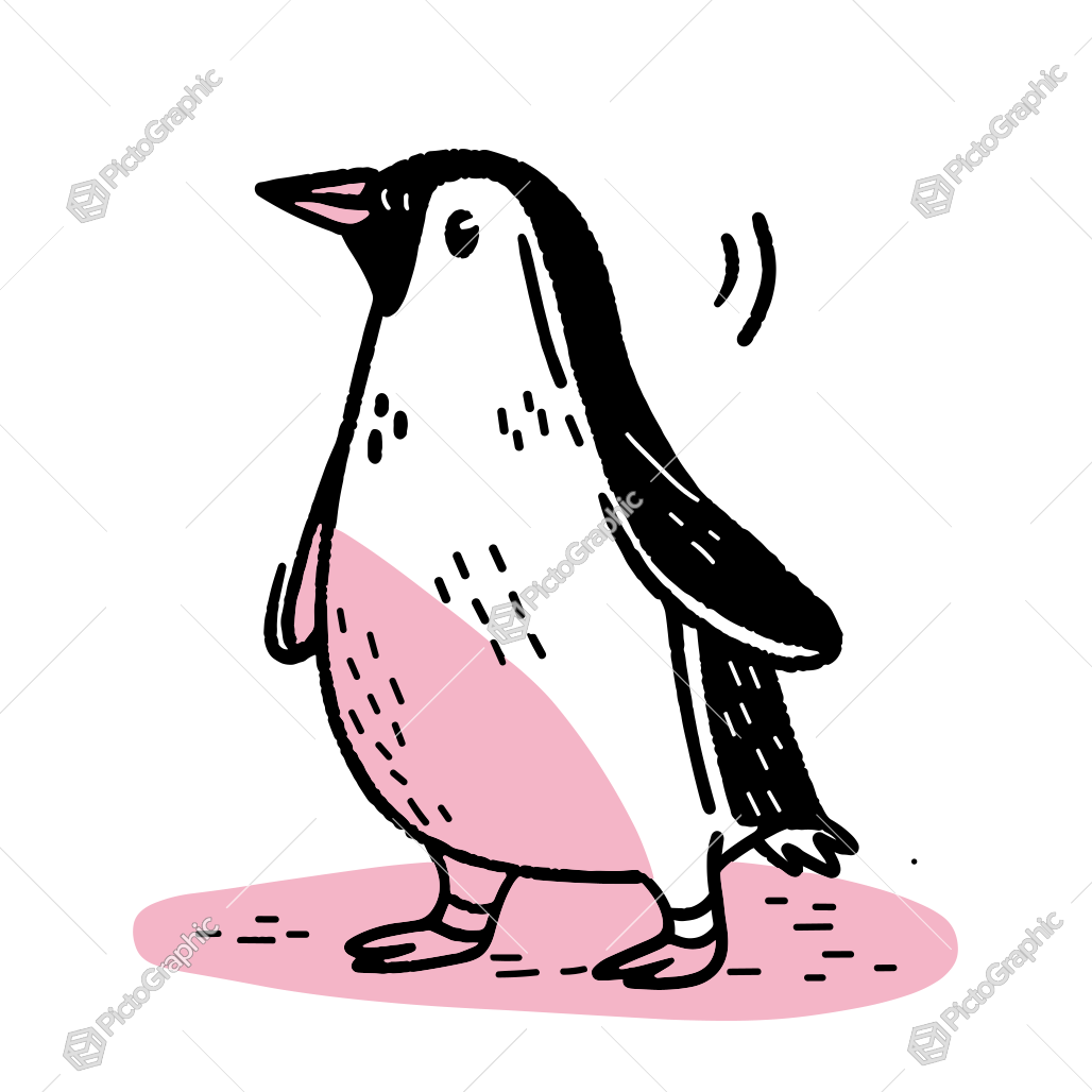 This is a cartoon illustration of a penguin with pink accents.