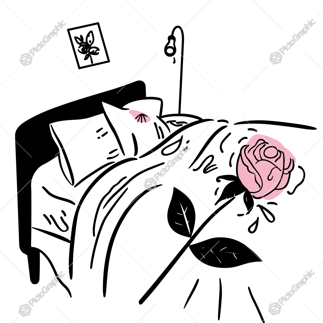It's an artistic representation of a bed with a person likely sleeping and a rose placed on the bed.