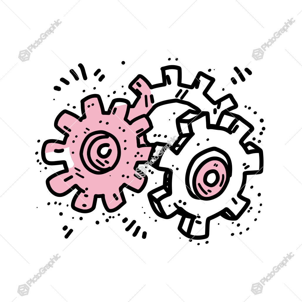 Two stylized, interlocking gears, one pink and one grey, suggesting movement and mechanical interaction.