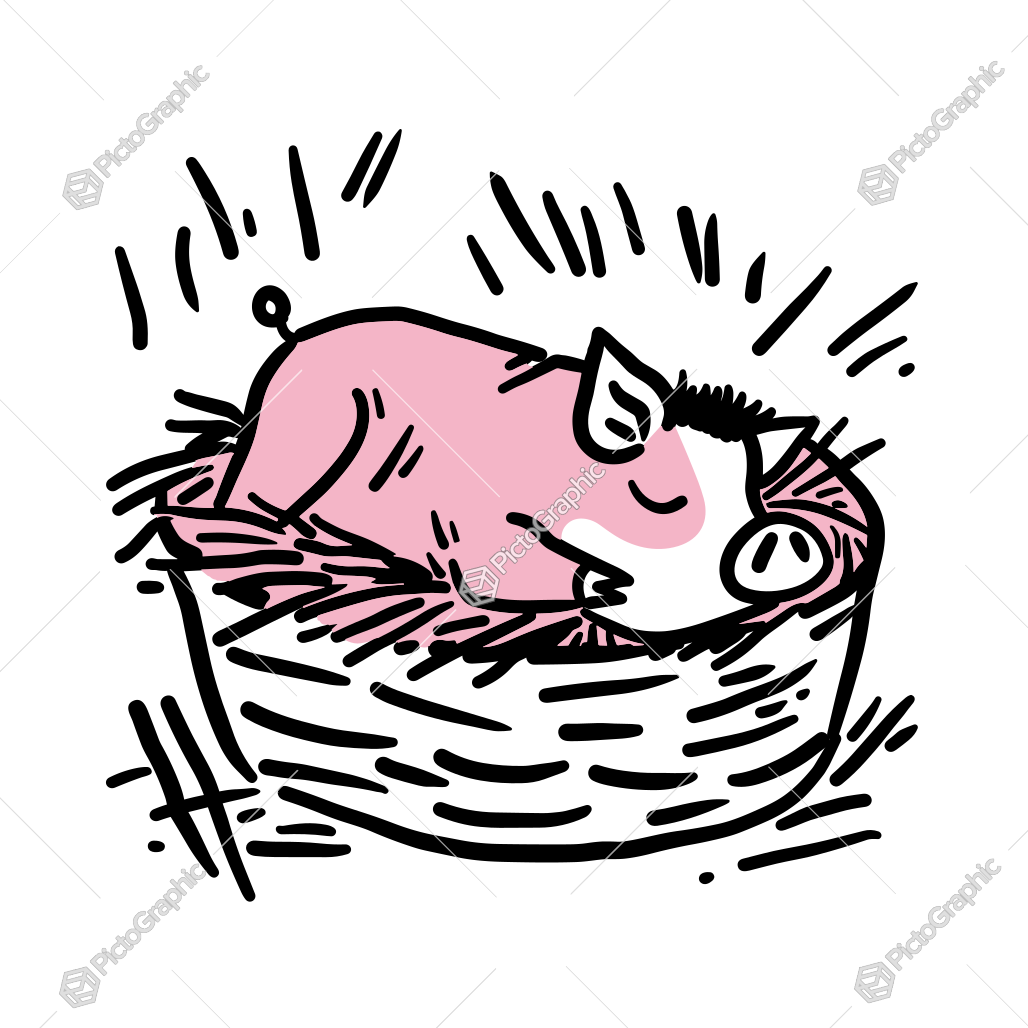 A content pink pig resting in a straw bed inside a wooden pen.