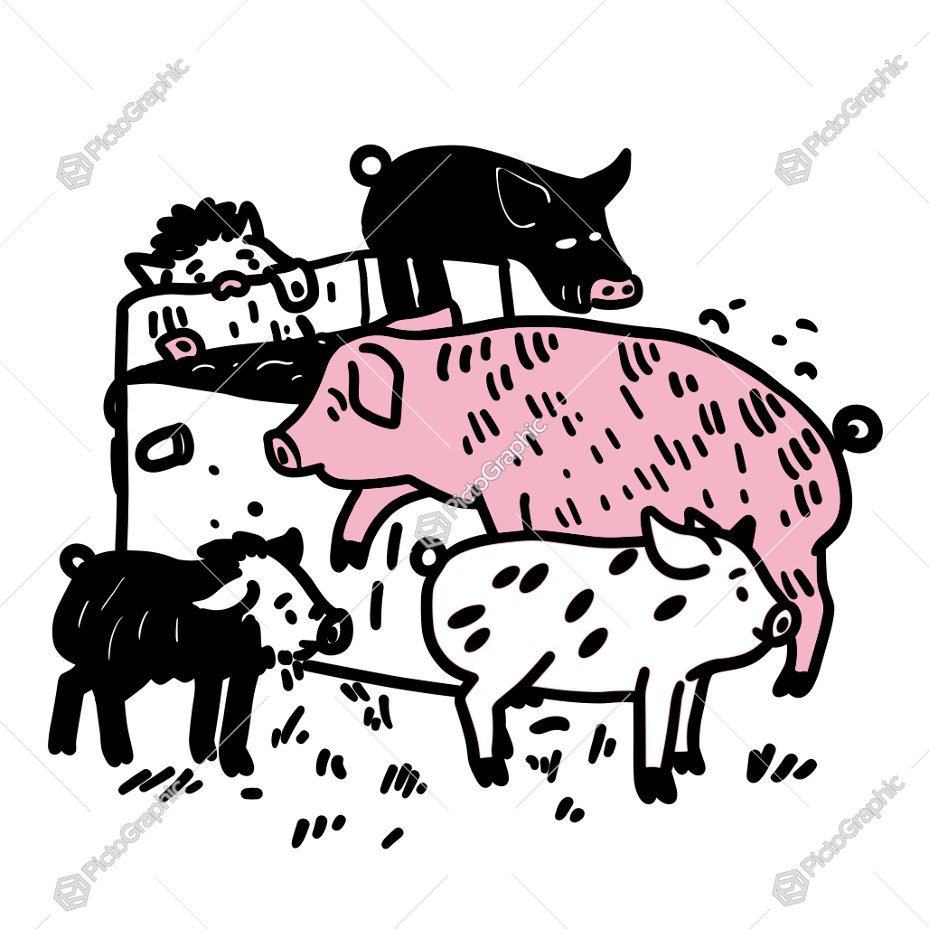 The image shows a playful stack of cartoon pigs in pink and black.