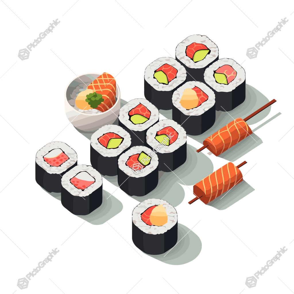 The image depicts a selection of sushi and sashimi.