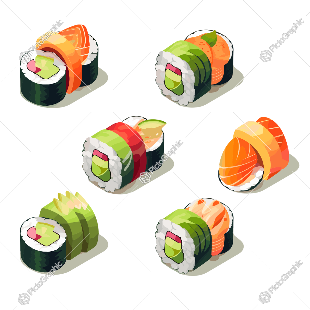 The image shows a variety of illustrated sushi pieces.