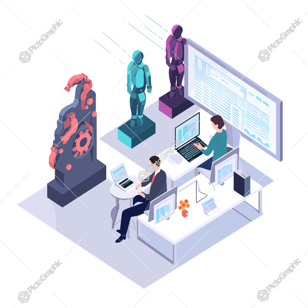 Futuristic office scene with two people and high-tech elements.