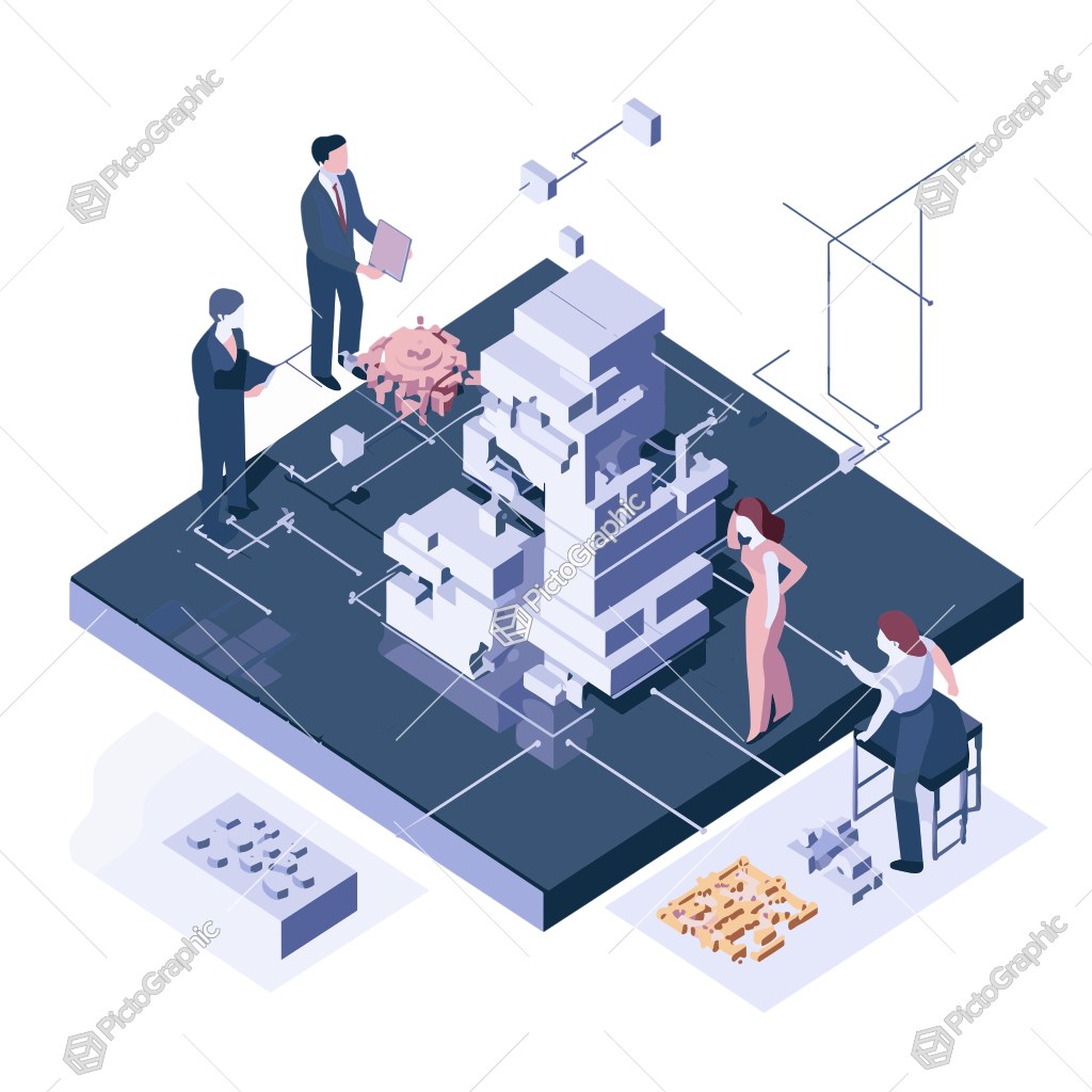 The image shows an isometric illustration of people engaging with futuristic technology and structures on a platform.