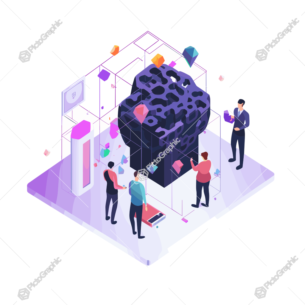 The image is an abstract illustration of people examining a brain-like structure inside a cube, suggesting themes of technology, innovation, and intelligence.