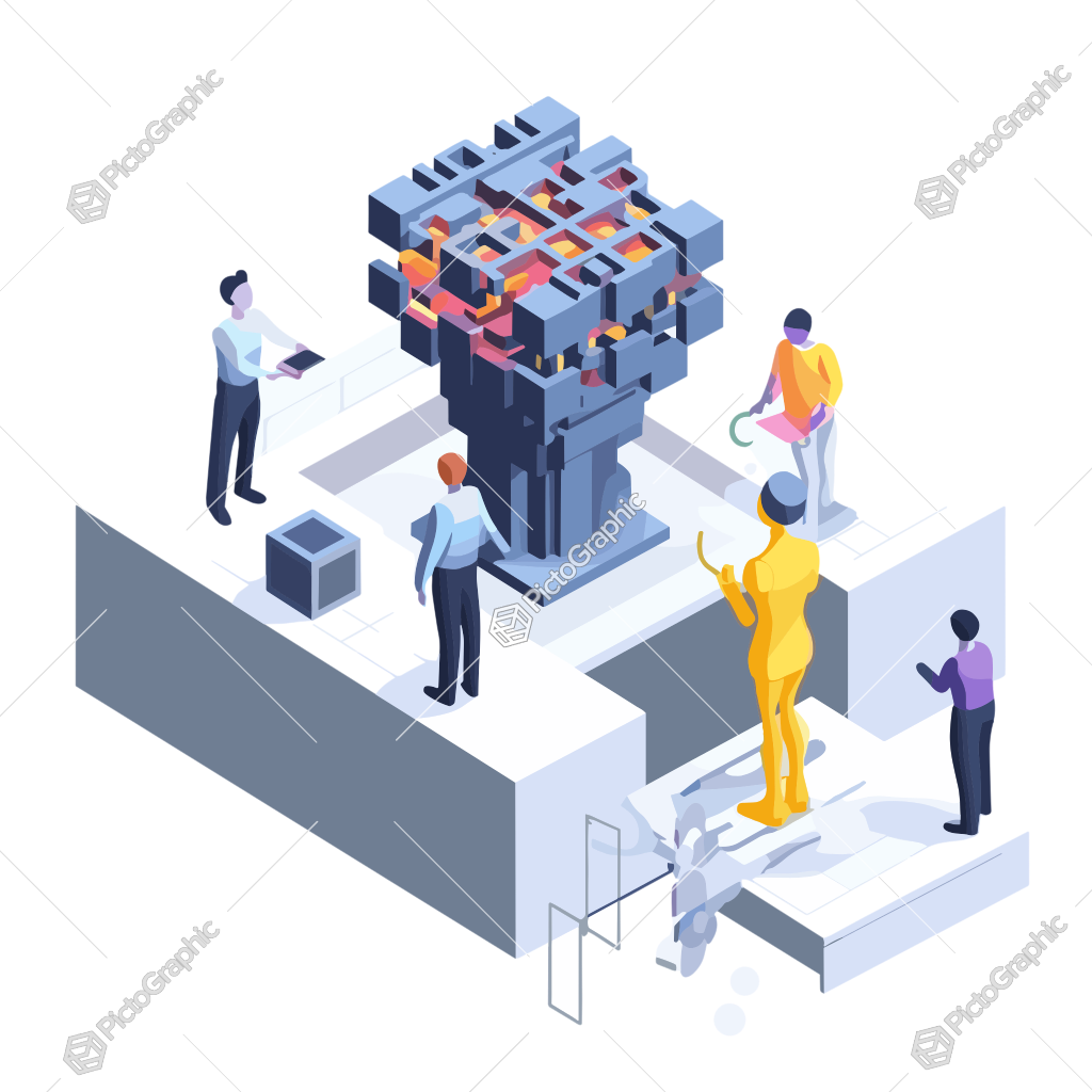 A group of illustrated people are either working on or discussing a complex structure in an isometric workplace setting.