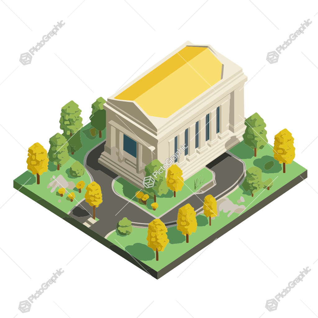 An isometric illustration of a classical building with surrounding trees and a path