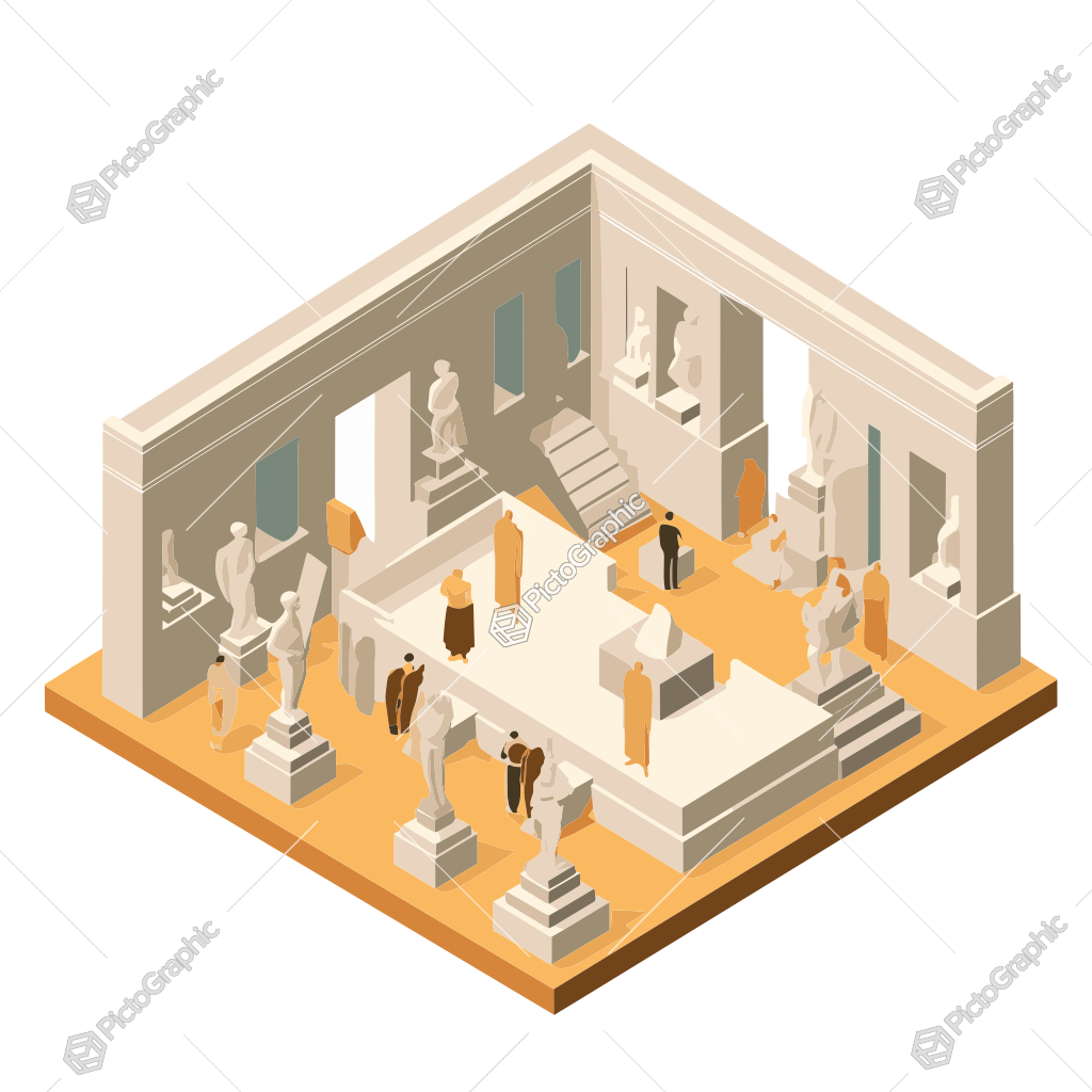 Illustration of an isometric art museum interior with classical statues and visitors.