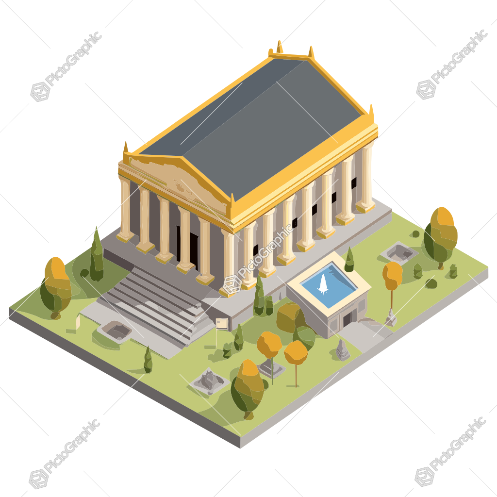 Classical building with surrounding landscape.