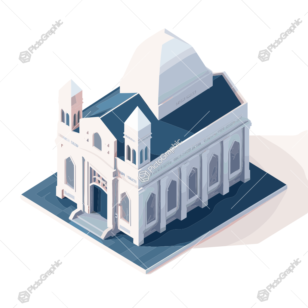 Isometric illustration of a classical building in shades of blue on a white background.