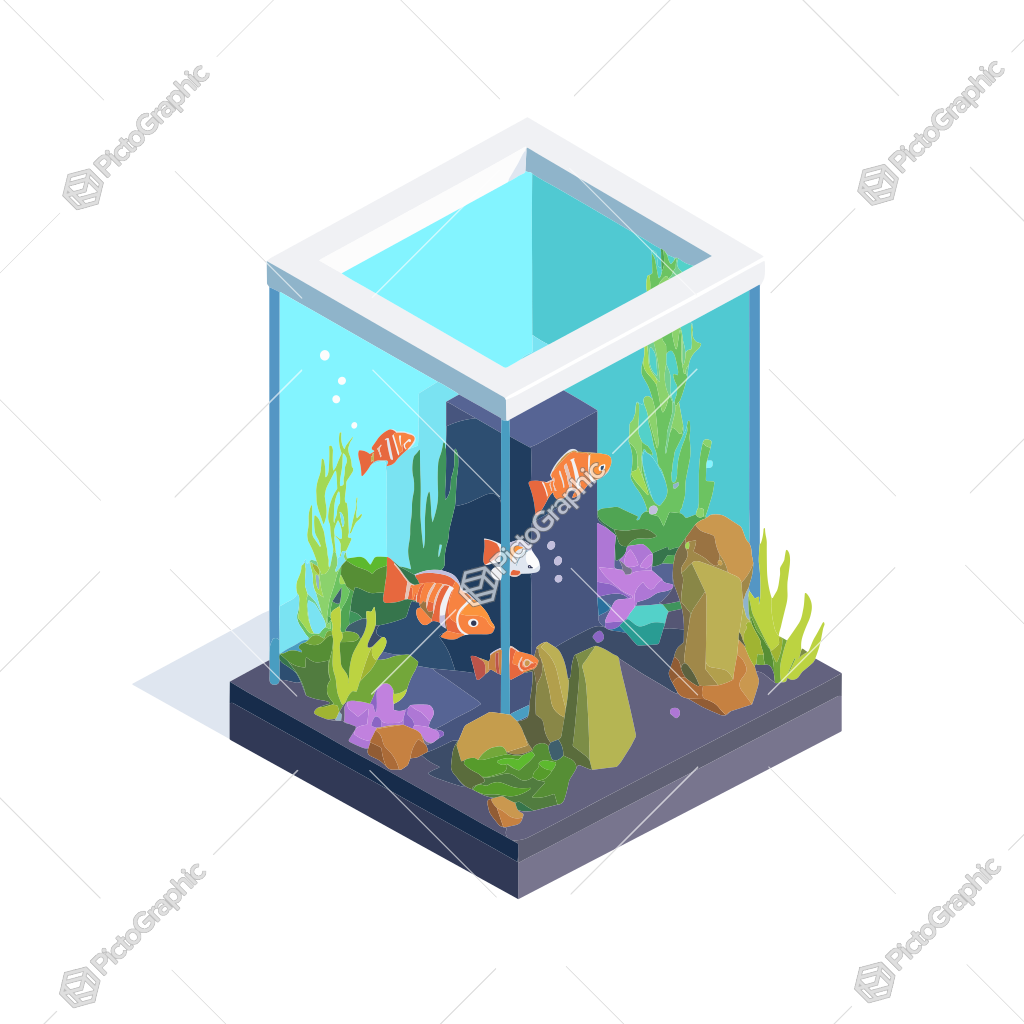 The image is an illustration of a cube-shaped fish tank filled with plants, rocks, and striped fish.