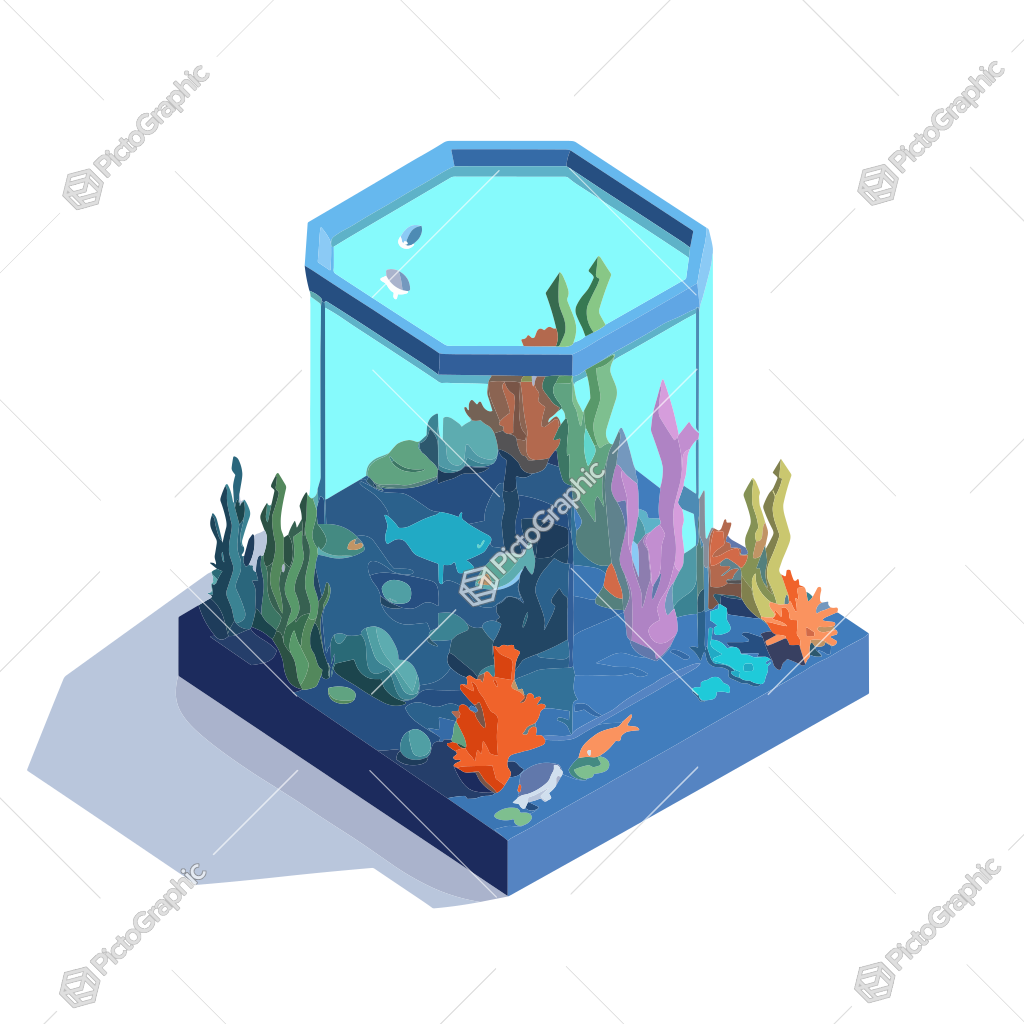 A digital illustration of a hexagon-shaped aquarium with colorful fish, coral, and aquatic plants.