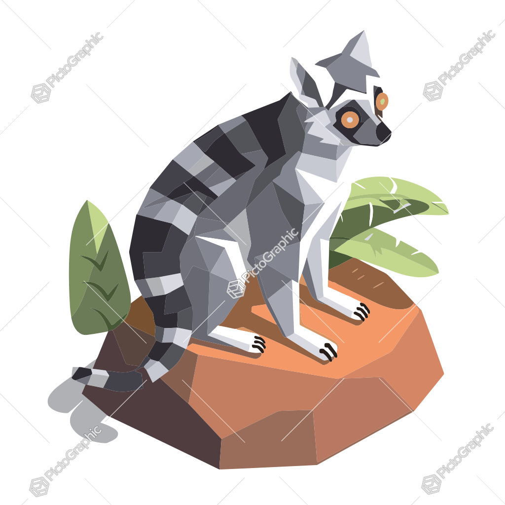 Illustration of a geometric lemur on a rock with leaves.