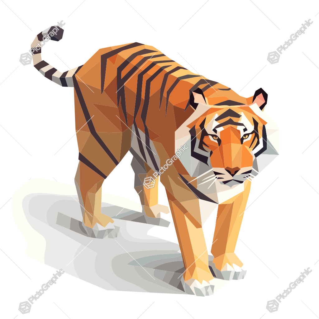 A geometric, low poly art style depiction of a tiger facing the viewer.