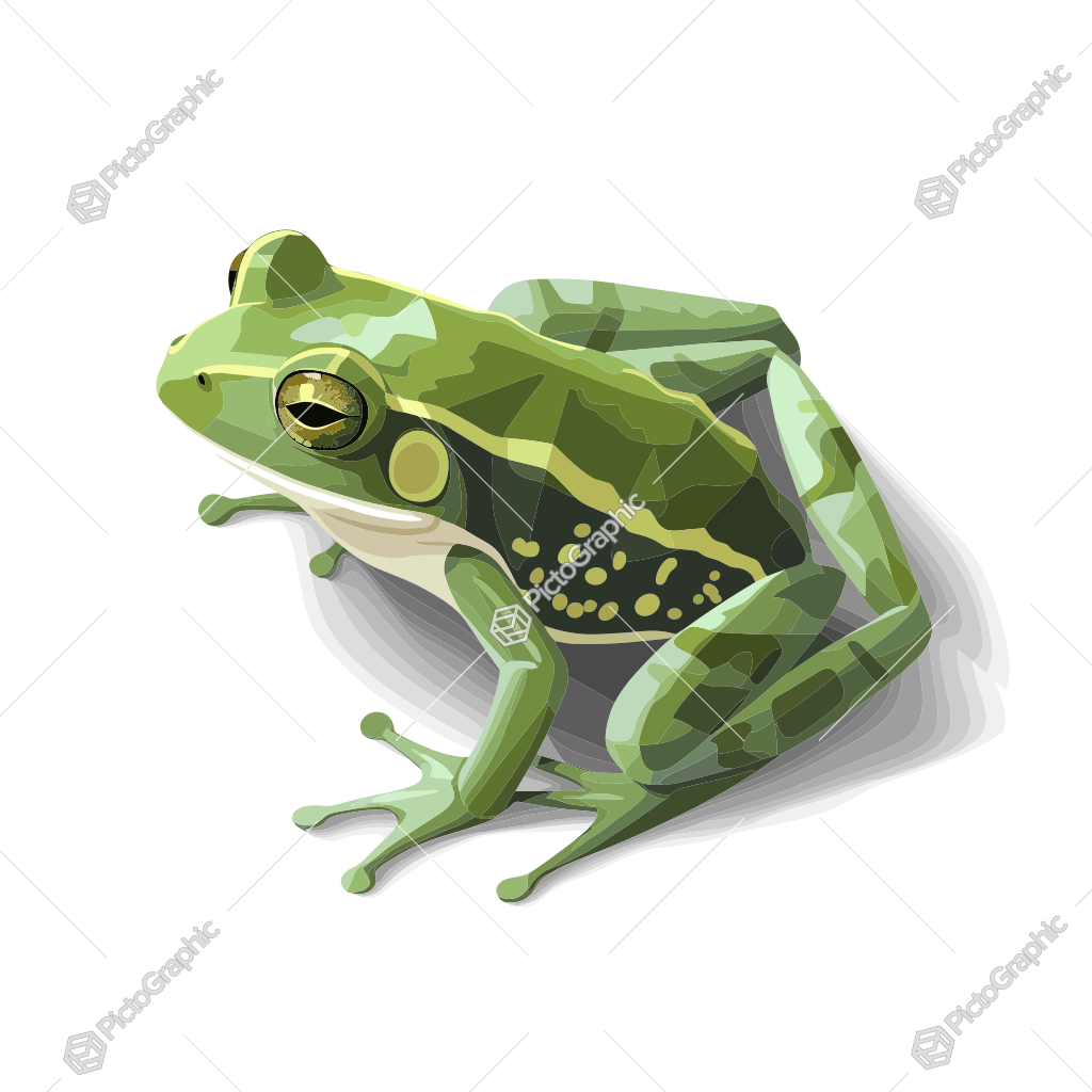 A green frog illustrated with leaf-like patterns and striking golden eyes.