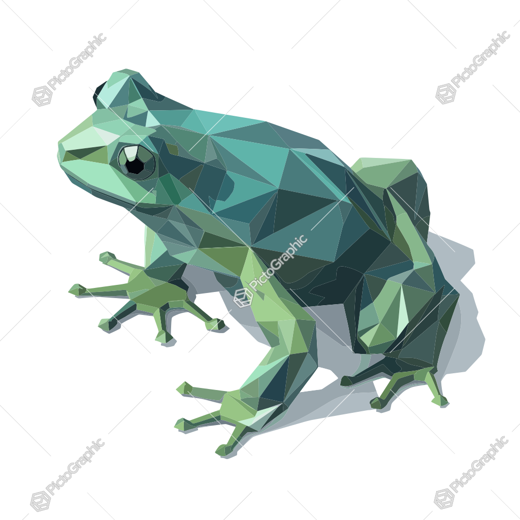 The image shows a low-poly geometric illustration of a green frog.