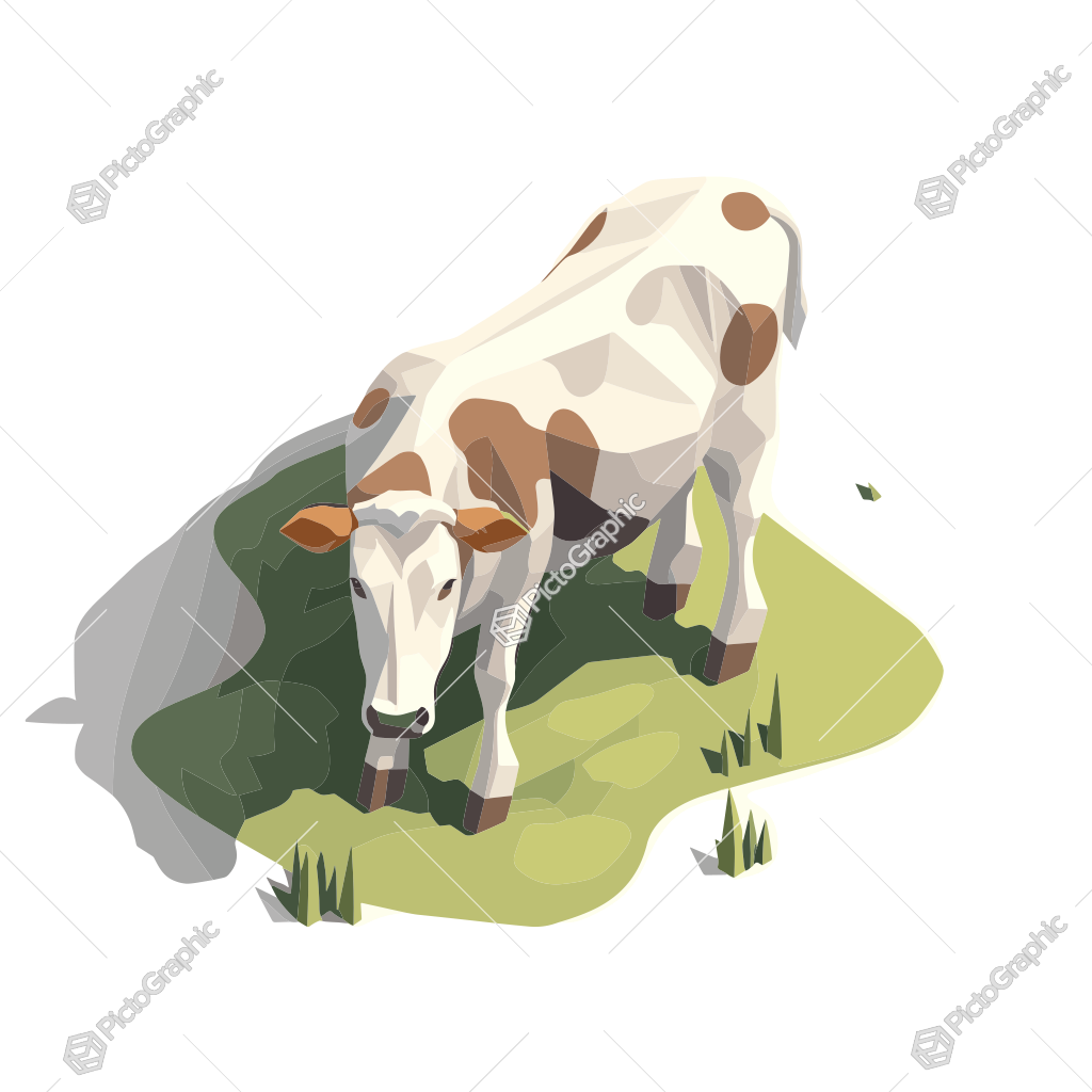 A low-poly illustrative cow on grass with a butterfly.