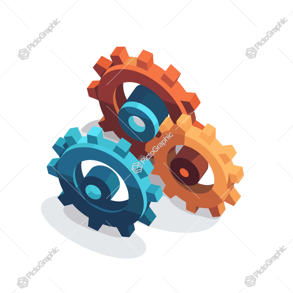 Three interlocking gears in different colors