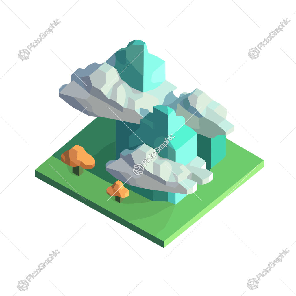 A low-poly landscape with snow-capped mountains and small trees.