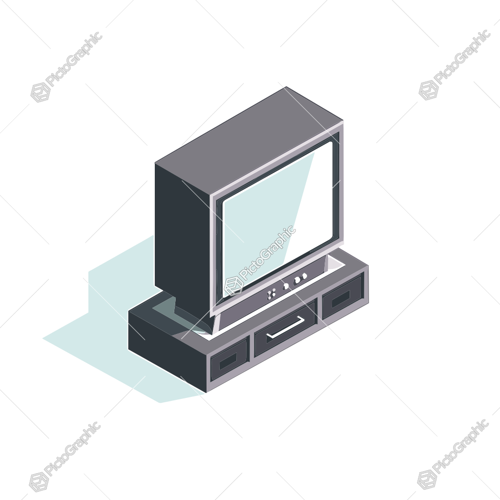 It's an isometric illustration of an old-style television with buttons on a TV stand that has speakers and a central compartment.