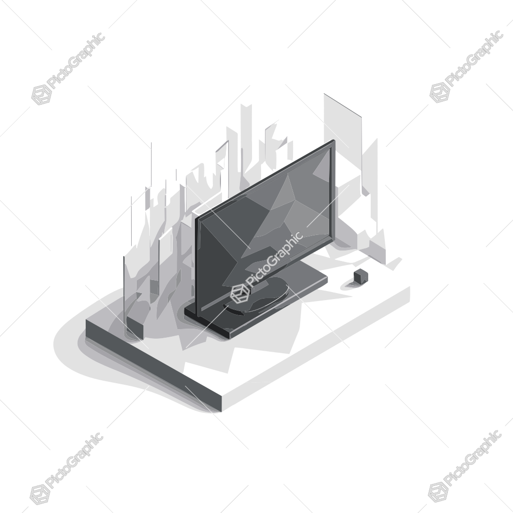 A minimalist digital illustration of a flat-screen TV with abstract cityscape elements.