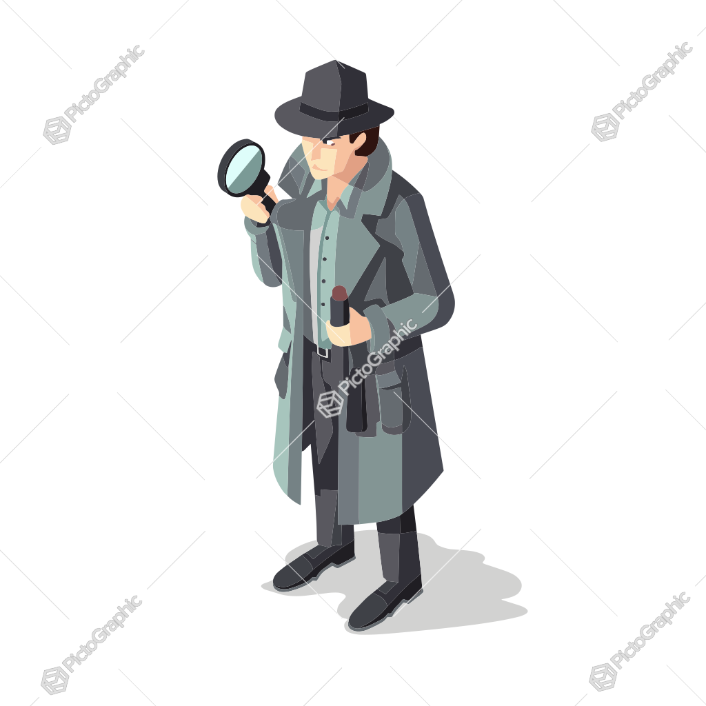 A stylized detective character with a magnifying glass and pipe.